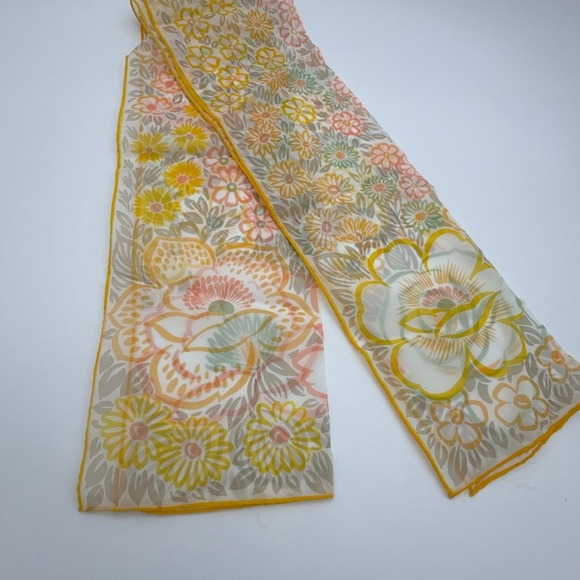 Vintage Accessories - Vintage 60s Glentex Sheer Floral Scarf Hand Rolled Yellow Peach Sage Oblong Wrap